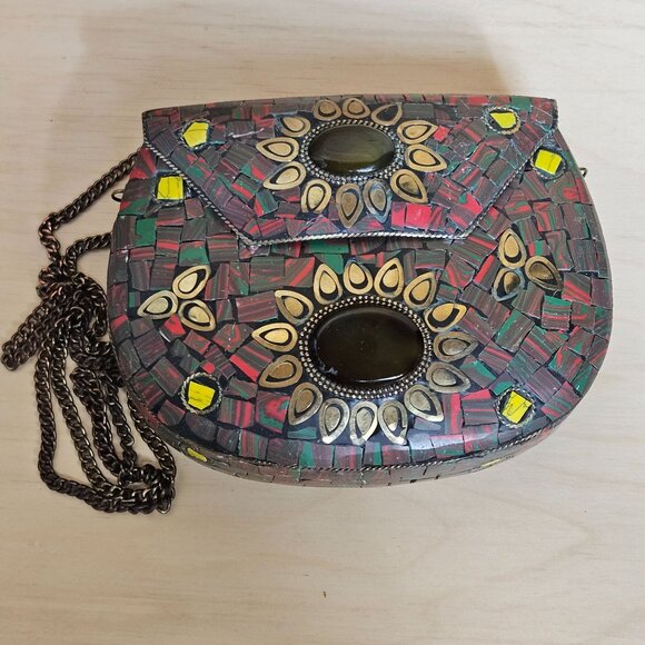 Handcrafted Mosaic Purse With Chain Strap & Sunburst Design Red/Green & Brass Ac - Picture 1 of 12